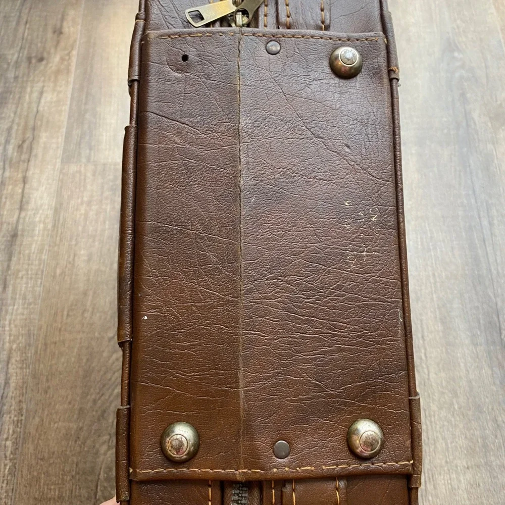 Vintage Brown Faux Leather Briefcase Camera Case Box Bag Brass Hardware Retro